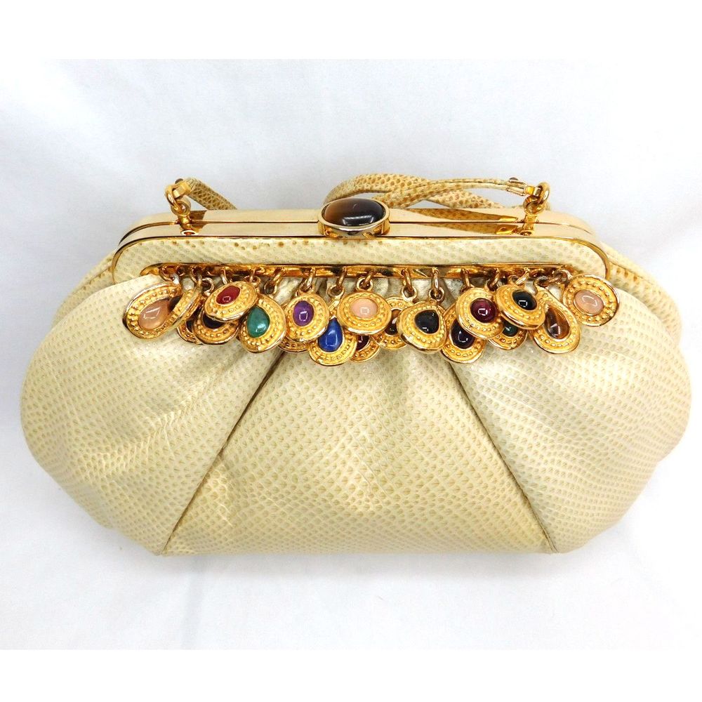 Vintage Luxury Designer Judith Leiber Beige Lizard Jewel Embellished Clutch Bag